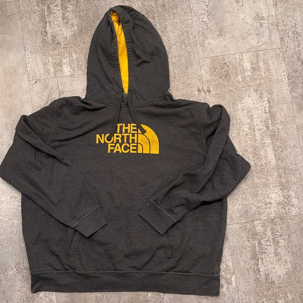 The North Face Men's Dark Gray Hoodie with Yellow Logo